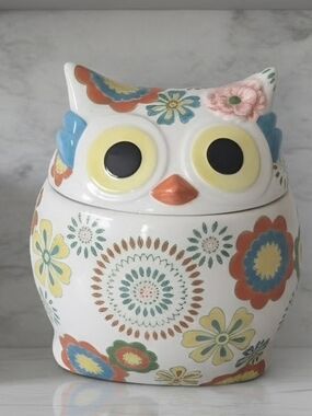Pier 1 Imports Retro Owl Cookie Stoneware Jar w/ Lid Yellow, Blue Orange RETIRED